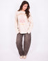 brown washed barrel stretch jeans
