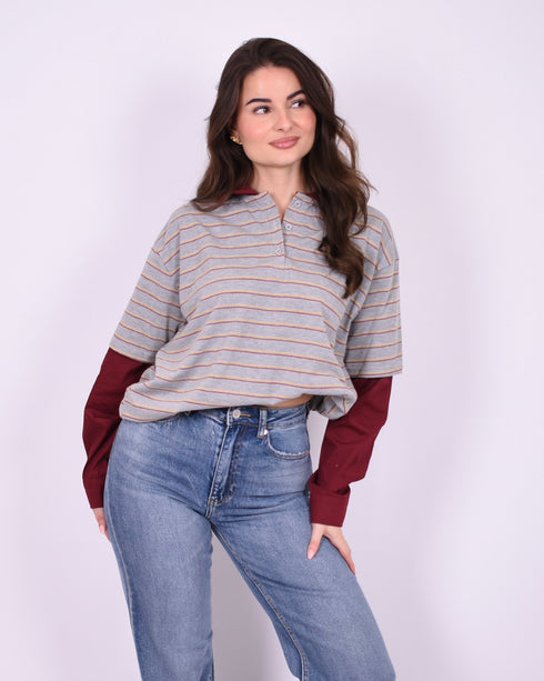 longsleeve striped shirt grey/bordeaux