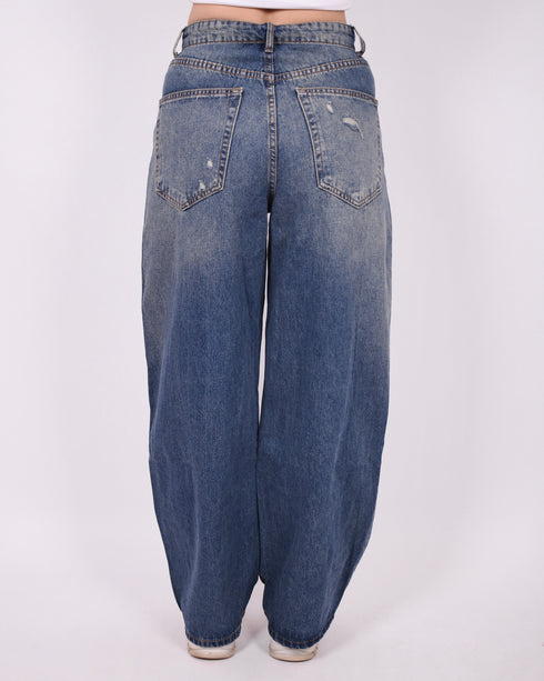 Foldover ripped barrel jeans medium blue