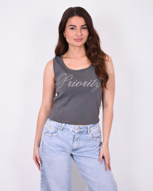 priority strass tank top grey