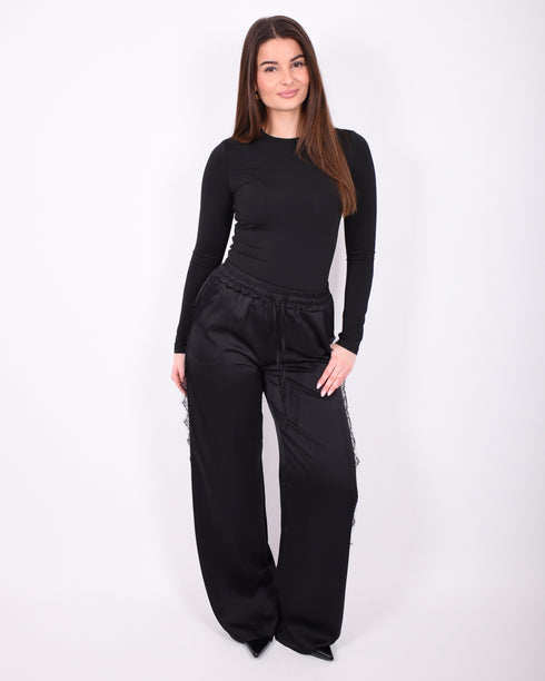 satin lace pants black