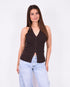 button knit v-neck top brown