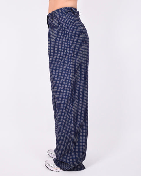 pleated checkered pants navy