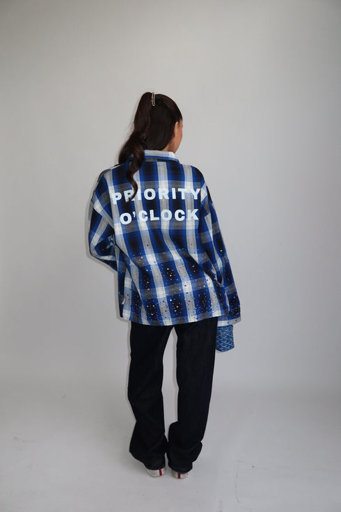 priority checkered rhinestone blouse blue