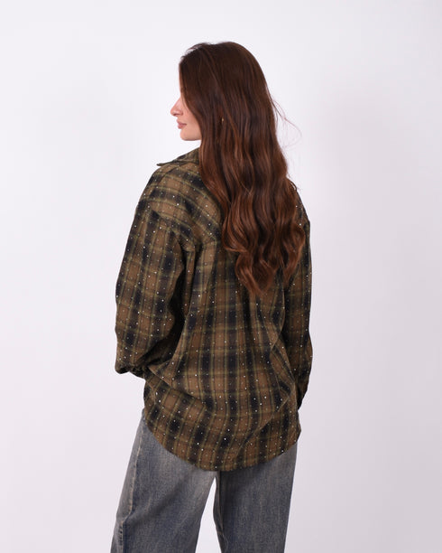 Checkered rhinestone flannel kaki