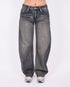 dark blue vintage washed barrel stretch jeans