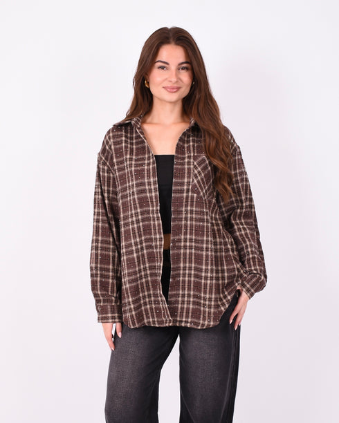 Checkered rhinestone flannel Brown