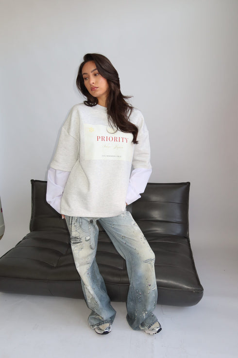 priority x tokyo layered sweatshirt light grey