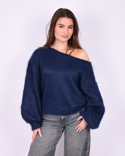 fluffy off shoulder sweater navy