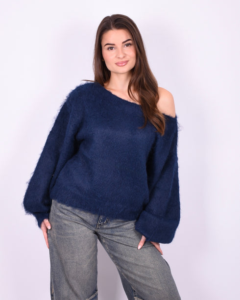 fluffy off shoulder sweater navy
