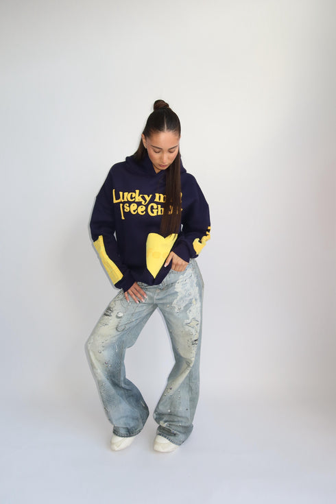 lucky me hoodie navy/yellow