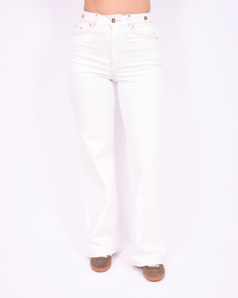 Gold detail wide leg stretch jeans white