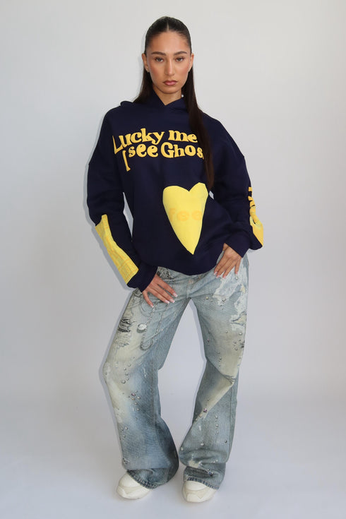 lucky me hoodie navy/yellow