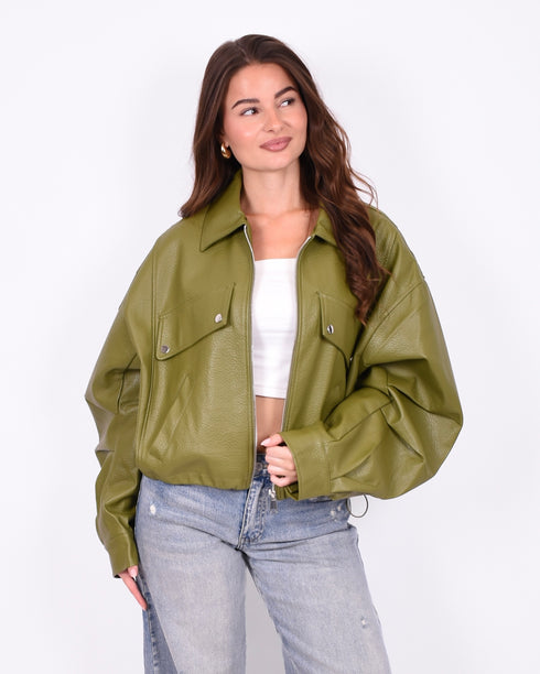leather bomber jacket green