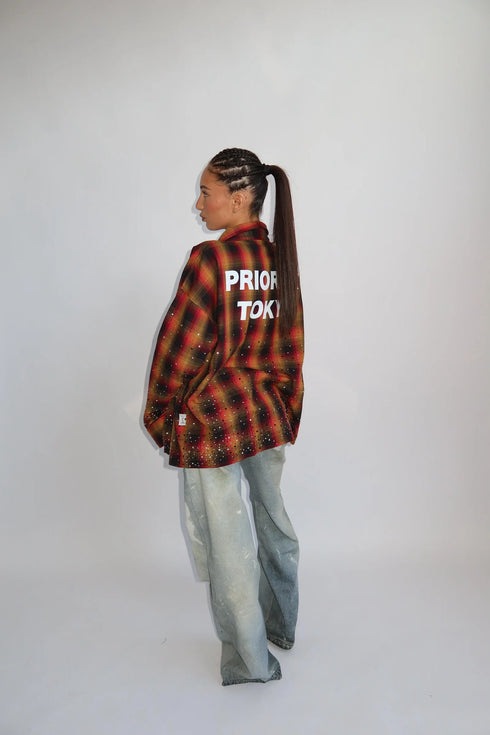 priority x tokyo checked rhinestone blouse