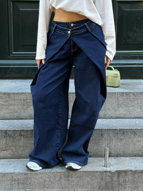 pleated wide leg stretch jeans dark blue