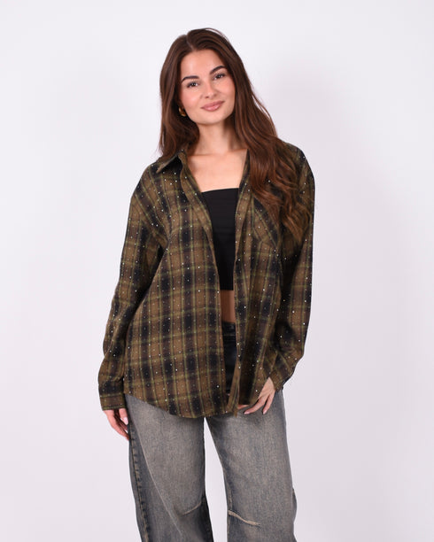 Checkered rhinestone flannel kaki