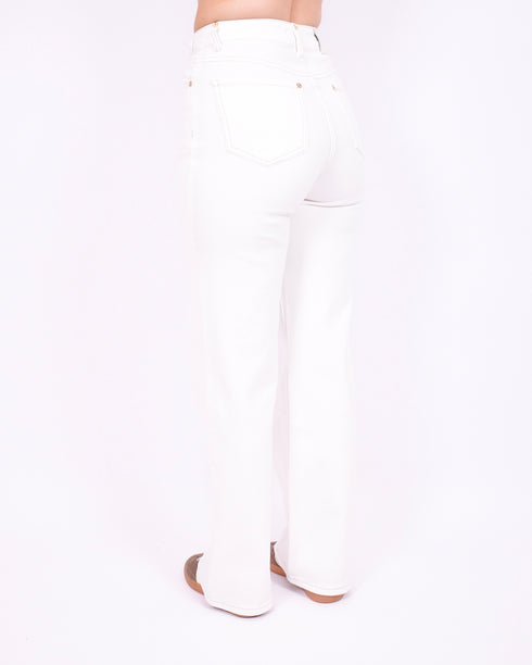Gold detail wide leg stretch jeans white