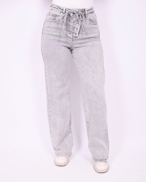 lace up stretch jeans grey