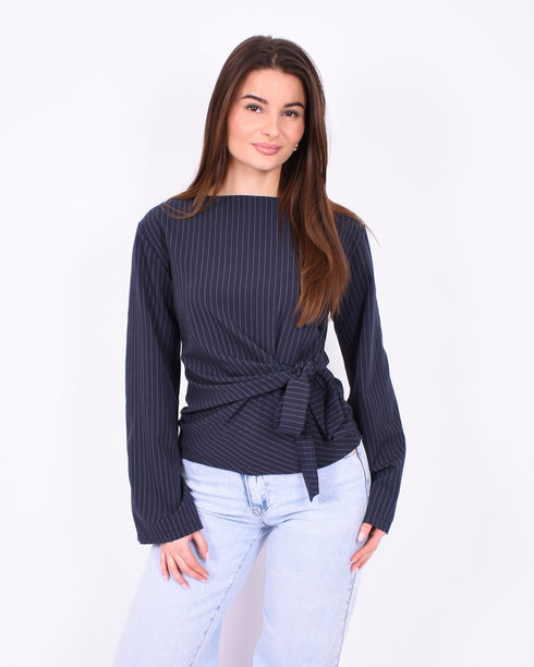 striped flared sleeve bow top navy