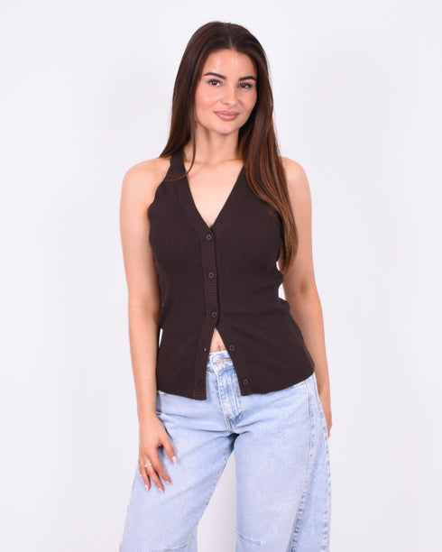 button knit v-neck top brown