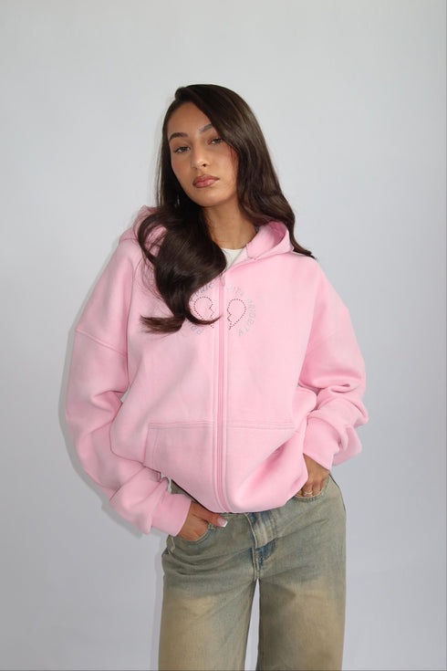 Priority Rhinestone zip hoodie pink