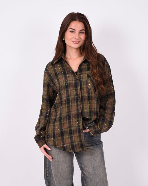 Checkered rhinestone flannel kaki