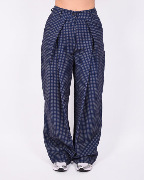 pleated checkered pants navy