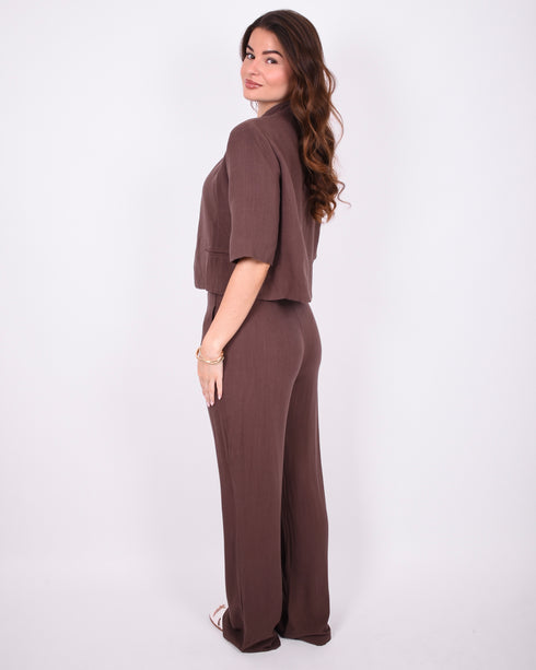 Linnen split blazer set brown