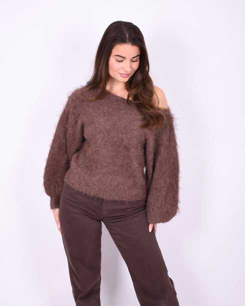 fluffy off shoulder sweater brown