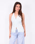 button knit v-neck top light blue