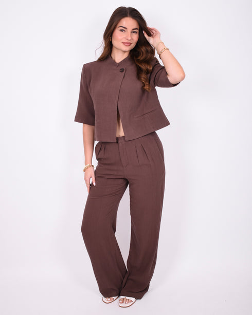 Linnen split blazer set brown