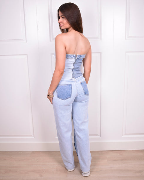 Denim patch strapless top