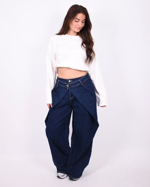 pleated wide leg stretch jeans dark blue