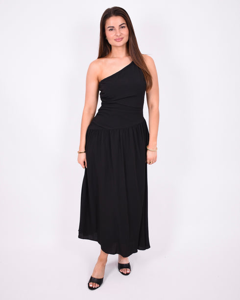 One shoulder linnen maxi dress black