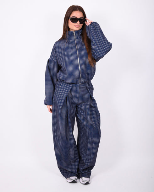 pleated checkered pants navy