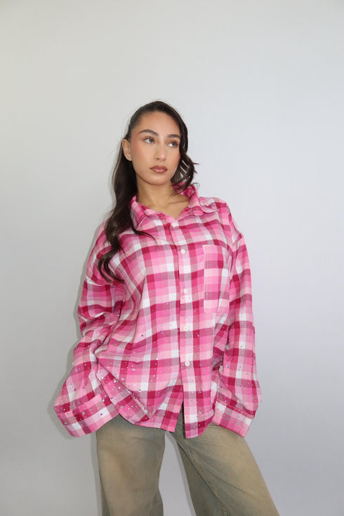 priority checkered rhinestone blouse pink