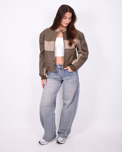 leather bomber jacket kaki/beige