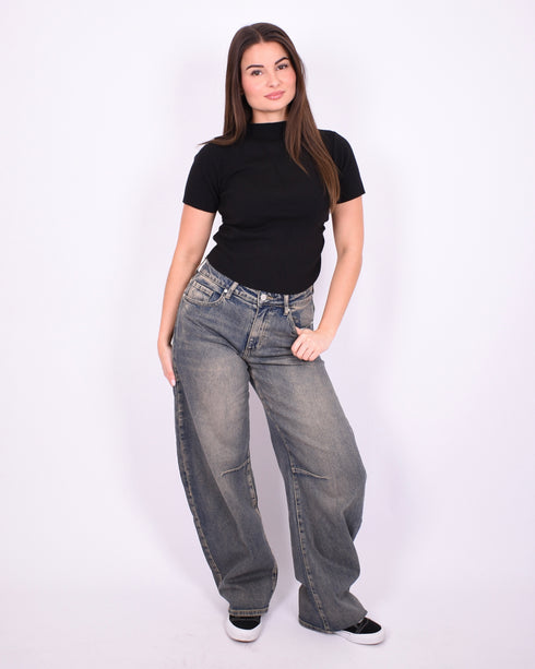 dark vintage barrel stretch jeans
