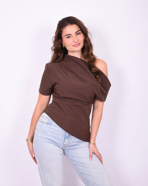 off shoulder draped top brown