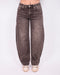 brown washed barrel stretch jeans