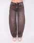 brown washed barrel stretch jeans