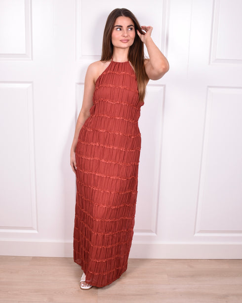 Open back halter dress rust