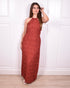 Open back halter dress rust