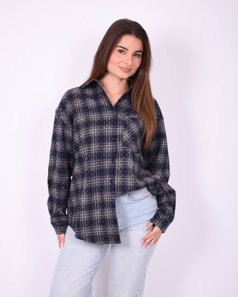 rhinestone checked blouse blue