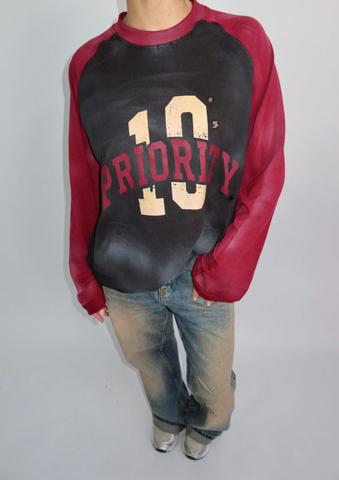 Priority ‘10’ Distressed Longsleeve Bordeaux