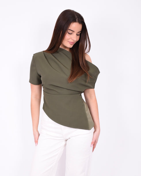off shoulder draped top kaki