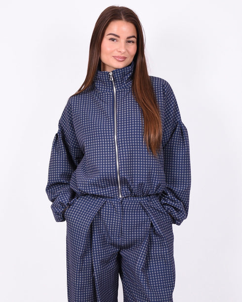 pleated checkered pants navy