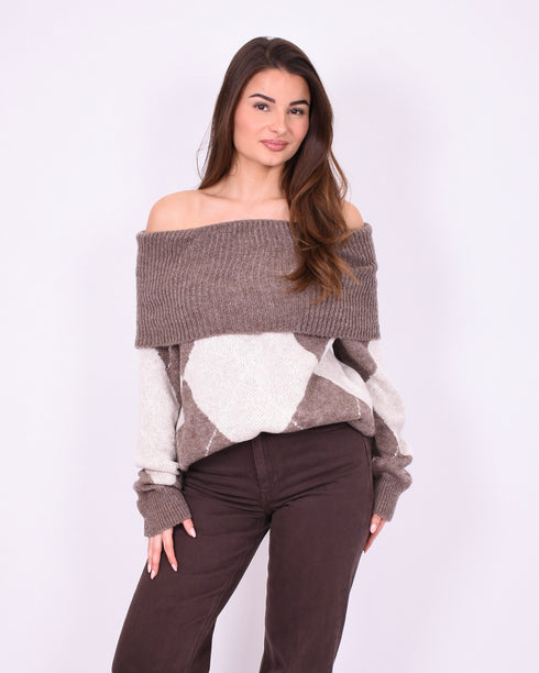 checkered off shoulder sweater taupe/brown