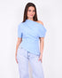 off shoulder draped top light blue